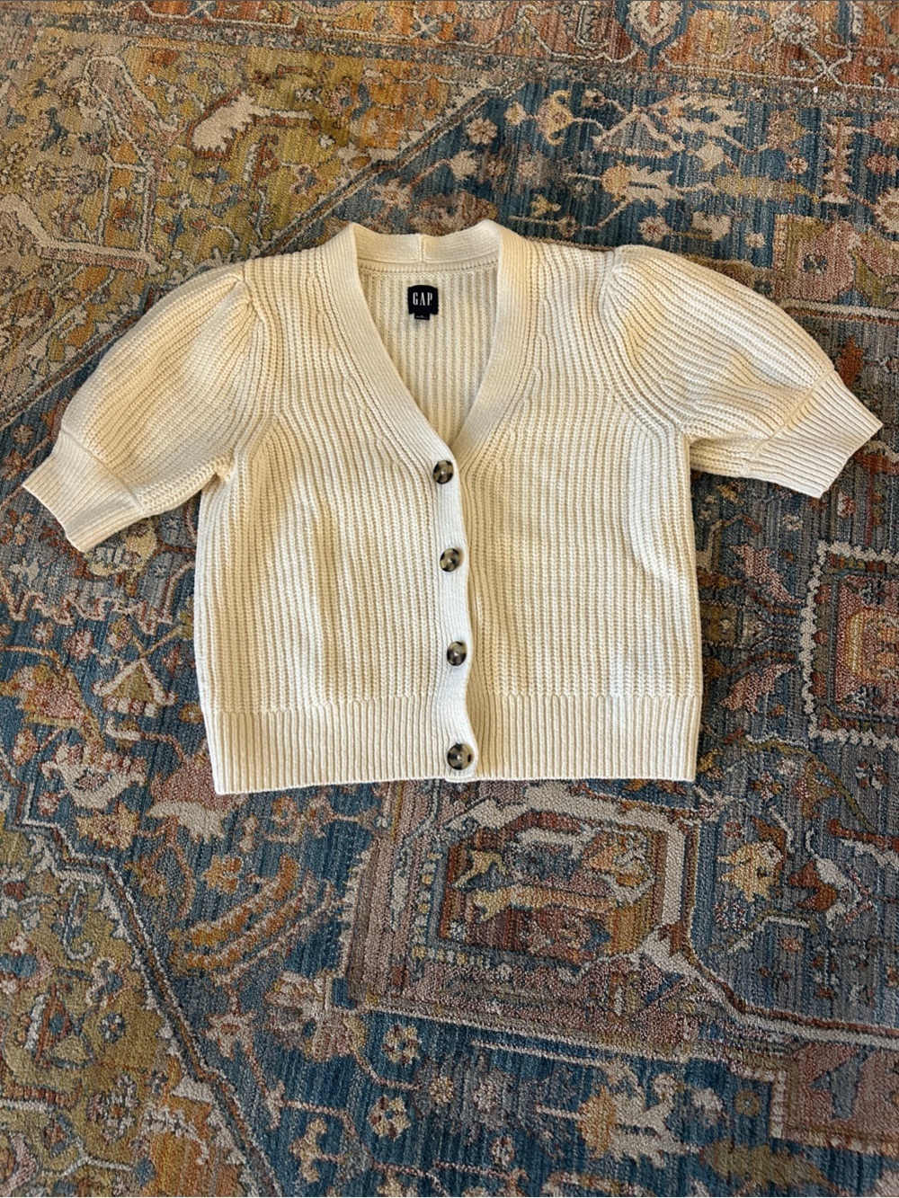 GAP Ivory Short-Sleeve Ribbed Button Cardigan